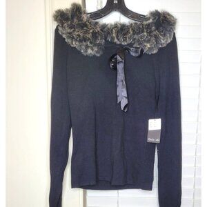 VTG Dolce Cabo Black Knit Sweater Faux Fur Collar Satin Bow M NEW Feminine